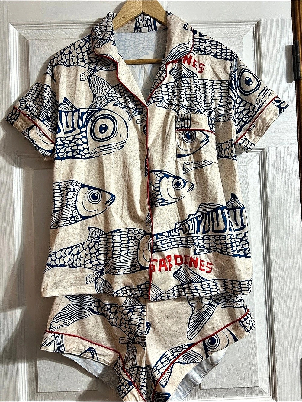 Printed Short Sleeve Button Down Set in Beige & Blue pajama set